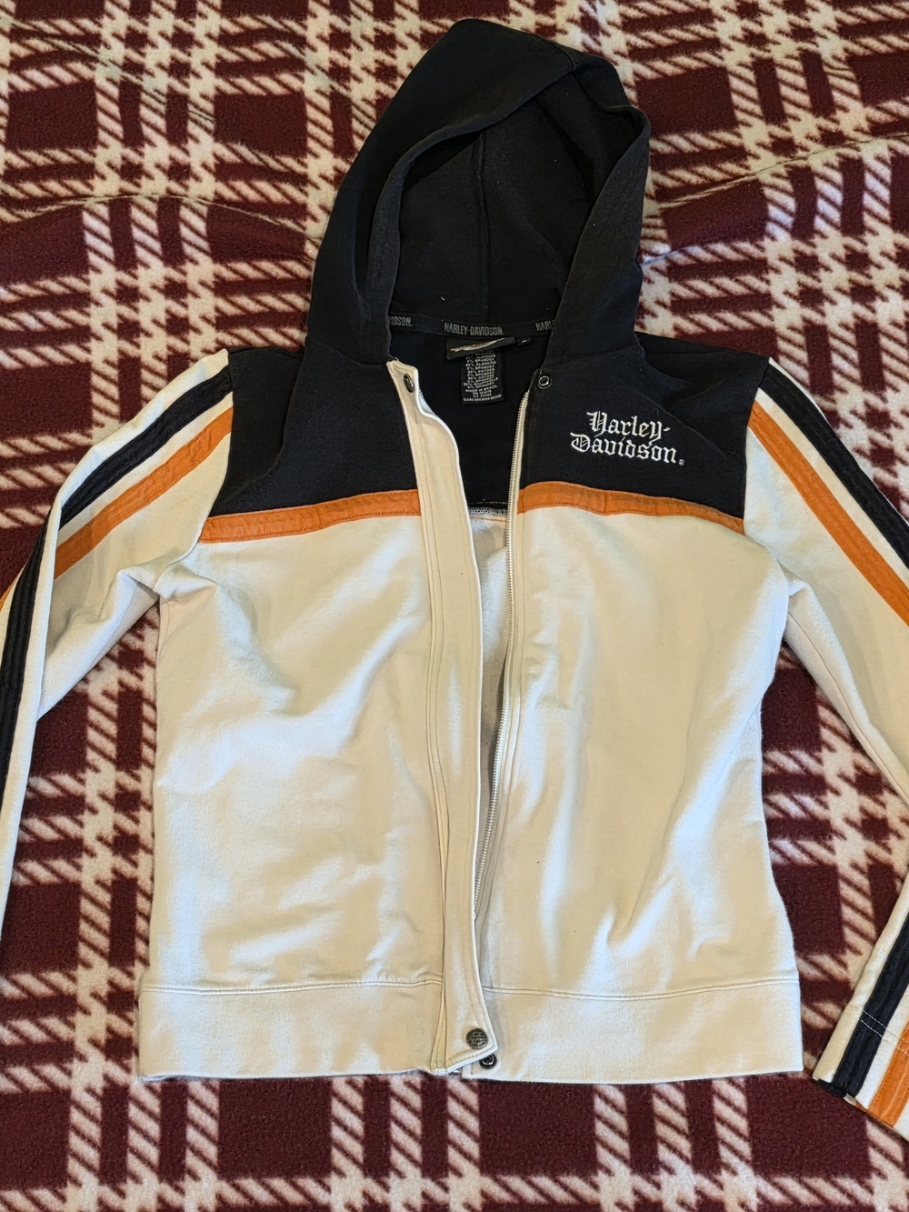 Harley-Davidson Womens Black, White & Orange Hooded Zip Jacket With Snaps